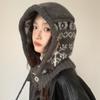 Chapéu e Cachecol Tricotados Jacquard Vermelho Retrô com Lã Tudo-em-Um Proteção para Ouvidos Feminina Balaclava Quente para Proteger Contra o Frio