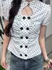 Nueva camiseta de verano INS sexy para mujer, con huecos, doble botonadura, mangas abullonadas cortas, top versátil de nicho ajustado para mujer