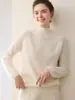 Suéter de Cashmere Puro com Gola Meia-Alta Engrossada para Mulheres Outono Inverno Mangas com Trança Malha Base Solta Afinando Suéter Top de Malha
