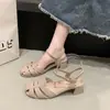 Sandalias de tacón medio cerradas para mujer de verano, con suela suave, versátiles con vestidos, estilo romano retro, para uso en exteriores, zapatillas de cuña para mujer