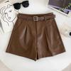 Outono 2025 Novos Shorts de Couro PU de Cintura Alta Versáteis Moda Casual Coreana Cor Sólida Versátil Que Cobrem o Quadril Calças de Perna Larga