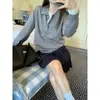Suéter de malha cinza com gola polo estilo Miu para mulheres, adequado para usar em camadas no outono e inverno, com gola de lapela e base estilo coreano