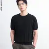 Camiseta de Punto de Manga Corta con Rayas Verticales, Transpirable, Mezcla de Lyocell y Lino, Estilo Nuevo Primavera-Verano para Hombre, Top Casual para Hombre