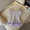 Camisola de estilo veraniego con copas en el pecho, encaje de malla de lunares, cuello en V, corte ajustado, favorecedora, adecuada para usar como capa exterior