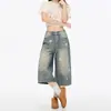 Calça Shorts Jeans Feminina de Verão Fina Estilo Retrô Americano 2026 Novo Estampa de Estrela Cintura Alta Solta Wide-Leg