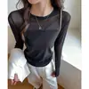 Camiseta de Malla Base Francesa para Mujer, Patchwork Cuello Redondo Primavera/Otoño Ajustada Elástica de Manga Larga, Ropa Interior Transparente de Nicho