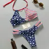 Bestseller Transfronterizo 2026 Estilo Americano Bloque de Color Estrella y Raya Cuello Halter de Atar Push-Up Sexy Corte Alto Moderno Traje de Baño de Dos Piezas