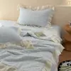 Juego de colcha acolchada de algodón con encaje grande estilo francés, juego de tres piezas con funda de edredón a juego, apto para todas las estaciones