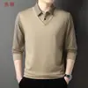 Camisa POLO de manga larga de dos piezas, clásica y de alta calidad, para otoño e invierno, para hombres de mediana edad, top casual a rayas con cuello camisero de manga larga para hombre