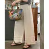 Calça Casual de Linho com Renda e Babados Relaxados de Verão para Mulheres com Corpo em Pera, Versátil Elástica de Cintura Alta Wide-Leg Cropped
