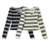 1649-26 Estilo Otoño Estilo Coreano Corte Ajustado Cuello Redondo Rayas Manga Larga Suéter Camiseta Capa Base