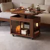 Mesa de Centro Ajustável em Madeira de Nogueira com Rodas, Estilo Antigo, Mesa Lateral Móvel para Sofá, Carrinho Pequeno Multifuncional, Dobrável
