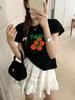 Blusa de Algodão Puro com Estampa Criativa de Tomate para Mulheres Verão Ombro Direito Versátil Solta Gola Redonda Manga Curta Camiseta Básica para Usar por Baixo
