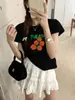 Elegante Divertido Estampado de Tomate Casual Manga Corta Verano para Mujer Único Holgado Hombro Derecho Cuello Redondo Top Camiseta de Algodón Puro Moderno