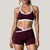 Conjunto de fitness de bloques de color europeo y americano de Amazon transfronterizo, conjunto de yoga, pantalones cortos deportivos para correr, top sin mangas de cuello halter, conjunto de dos piezas para mujer