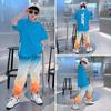 Conjunto de Verano de Manga Corta con Degradado Moderno para Niños Mayores, Elegante Conjunto Deportivo de Dos Piezas con Pantalón Jogger