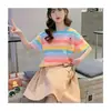 Camiseta de Manga Corta a Rayas de Colores para Niña Verano 2025 Nuevo Estilo Ropa Infantil Ropa de Verano para Niños Medianos y Grandes Camiseta de Media Manga para Niña