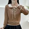 Suéter de Punto Grueso y Elegante con Cuello de Muñeca Francés y Bloques de Color, Nuevo Diseño para Otoño e Invierno, Top de Punto Elegante de Manga Larga para Reducir la Edad para Mujer