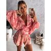 2024 AliExpress Recién Llegado Amazon Otoño Flor Manga Larga Shorts Cuello en V Mono Traje Selva Mujer