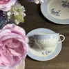 Xícara de Chá/Café Cerâmica Azul Claro Floral Relevo Verão Francês Prato de Pires Flor da Tarde Café com Leite Prato de Café da Manhã em Casa Xícara de Presente
