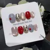 [Xadrez de Cor Contrastante] Estilo Menina Doce Xadrez Rosa e Azul Unhas Postiças Decoradas com Bolinhas Vermelhas Brilhantes Feitas à Mão para Uso Diário Clareamento