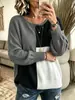Suéter de punto de bloque de color de otoño e invierno de talla grande para mujer, superventas transfronterizo europeo y americano, con cuello redondo, colores contrastantes, patrón de cuadrícula cuadrada, diseño de hombros caídos y mangas largas