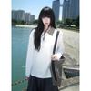 Camiseta Feminina Branca Cleanfit Splicing Pied-de-Poule Manga Longa Camisa Polo Gola Larga Estilo Americano Camisa para Camadas Internas