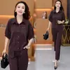 Traje Feminino da Moda 2026 Verão Novo Elegante Camisa de Manga Curta e Calça Cropped Conjunto de Duas Peças Solto Casual Roupa de Mãe