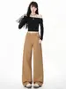 Yechuan # Jeans Color Caqui para Mujer, Verano, Corte Holgado, Pierna Recta Versátil, Cubre Cadera, Versión Estrecha, Pantalones de Pierna Ancha Fluidos, de Largo Completo.