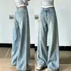 Jeans de pierna ancha estilo americano de color claro para mujer, con una caída fluida, un efecto adelgazante, un diseño retro, doble botón, cintura alta, corte holgado y estilo de pierna recta hasta el suelo, perfectos para otoño.