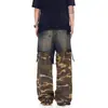 Jeans Americanos Lavados Desgastados para Hombre, Jeans de Trabajo Sueltos Camuflaje Desgastados Retro de Dos Piezas Falsas para Hombres y Mujeres