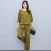 Estilo Novo de Verão para Mulheres de Meia-Idade e Idosas Conjunto de Duas Peças Estampado Soltinho Roupa de Mãe Moda Plus Size Conjunto de Calças Cropped