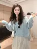 Blusa Crochê Azul Estilo Relaxado com Capuz e Padrão Vazado para Mulheres, Cardigan Único e Chique de Manga Longa com Proteção Solar para Outono 2026