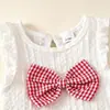 Conjunto de Verano sin Mangas para Niñas de 26: Conjunto de Dos Piezas para Bebé Niña: Top a Cuadros con Lazo Dulce y Lindo y Falda plisada de Mezclilla