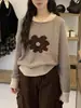 Flor Pequeña Dulce Color Bloqueado Dongdaemun Coreano Solapa Pequeña Rayas Sueltas Tejido de Punto Top de Lana Tejido de Punto Otoño para Mujer