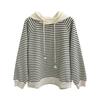 Moletom Pulôver Listrado com Capuz de Manga Raglan Espesso 100% Algodão para Mulheres 2026 Estilo Coreano Outono e Inverno Loose Estilo Preguiçoso Top para Mulheres