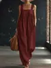 Mono de cuello cuadrado, hombros anchos, tacto de algodón y lino; pantalones de pierna ancha, holgados, que favorecen la figura, con puños elásticos; overol casual con bolsillos