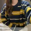 Nuevo Estilo Otoño e Invierno 2025 Suéter Holgado de Rayas de Color Contrastante para Mujer Estilo Perezoso Aspecto Adelgazante Estilo Coreano Versátil Top Pulóver Casual