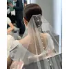 Velo de novia de una sola capa con cola larga y perla, tocado de boda de hilo liso de longitud larga, fotografía de viajes de boda, Mori retro simple