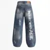 Jeans Vintage de Perna Larga com Grafite para Homens e Mulheres, Novo 2026 Primavera/Outono Emagrecedor Solto Estilo Americano Perna Reta Calças Curvas