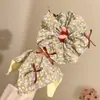 Elástico de Cabelo Floral Verde Retro Coreano com Pregas de Tecido e Laço, Acessório de Cabelo Estilo Fresco para Rabo de Cavalo