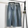 Foto Real de Pantalones Vaqueros de Color Sólido para Mujer, Cintura Elástica con Cordón, Elásticos, Estilo Otoño, Tallas Grandes, Tiro Alto, Pierna Recta Ancha Suelta, Algodón de Color