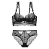 Conjunto de sutiã europeu e americano com renda transpassada, sexy, ultrafino, transparente, para busto grande, plus size, anti-queda, push-up, para mulheres