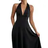 Vestido largo de estilo europeo y americano transfronterizo con cuello halter, escote en V profundo, falda amplia, espalda descubierta, cintura de corbata, elegante vestido de noche y vestido de resort