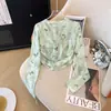 Camiseta Base de Malla Estampada para Mujer Verano 2026 Delgada Sexy Transparente Elegante Manga Larga Protector Solar Top para Superponer o Como Prenda Exterior
