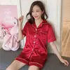 Pijama de verano transfronterizo para mujer, delgado, seda de hielo, sexy, cárdigan, manga corta, pantalones cortos, traje de talla grande, ropa de casa, venta al por mayor