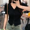Fotos Reales y Precios Reales # Cárdigan de Punto con Cuello en V de Seda Helada para Mujer de Manga Corta Verano Nuevo Diseño de Deseo Puro Top Corto de Nicho