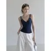 Camisole Lilvi Azul Marinho Estilosa com Patchwork e Decote em V para Mulheres, Novo Top de Verão Sexy Slim-Fit para Meninas da Moda
