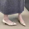 Zapatos de Mujer con Punta Fina y Tacón Bajo Grueso, Nuevo Estilo Slip-On Otoño/Invierno 2025 con Moño de Satén y Tacones Altos