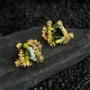 Brincos de Flor em Zircônia Verde Oliva Banhados a Ouro 18K Real Espesso Acessível Luxo Argola de Vinha Francesa Argola de Agulha de Prata S925 para Mulheres